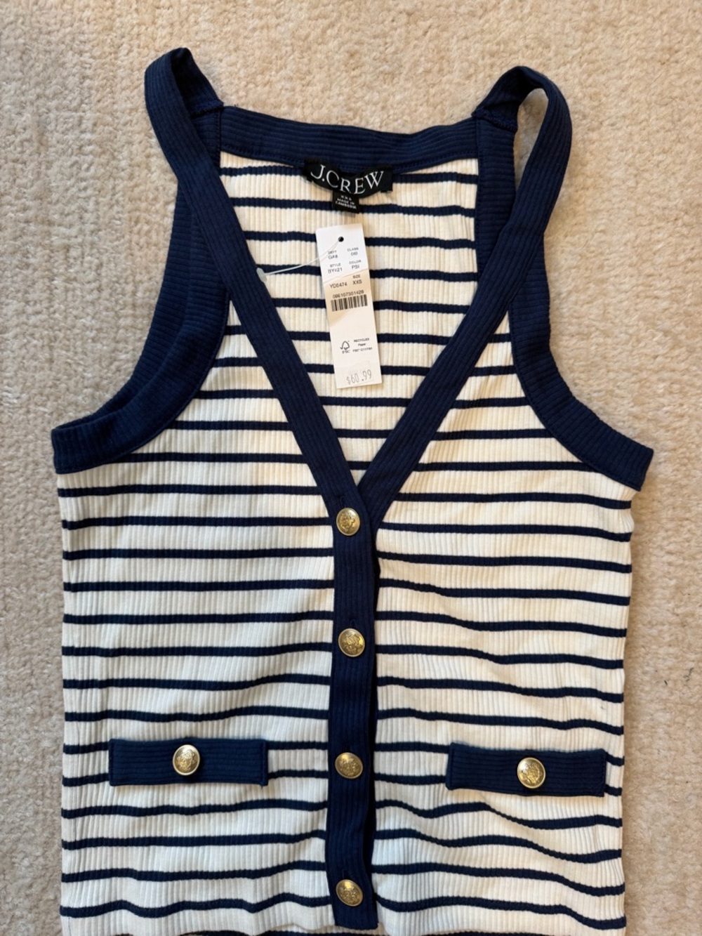 J. Crew Navy & White Striped Ribbed Tank with Gold Buttons